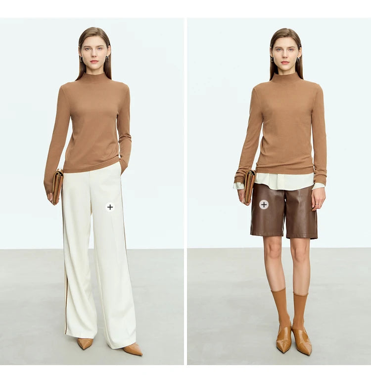AMII Damenpullover mit Stehkragen, langarm, einfarbig in Hellbraun/Kamelton, Strickoptik