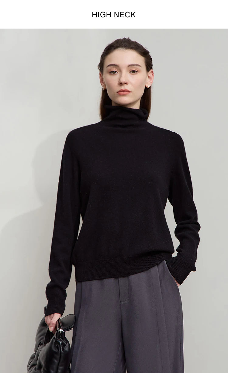 Damenpullover aus Wolle, schwarz, hoher Rollkragen, Vorderansicht