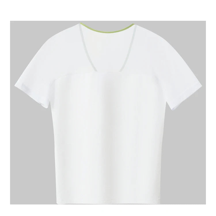 Damen T-Shirt im Minimalismus-Stil mit V-Ausschnitt und Kontrastnähten