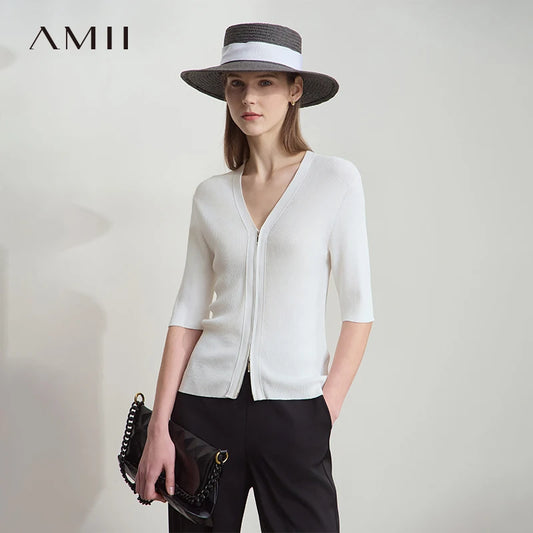 Damen V-Ausschnitt Strickjacke Slim Reißverschluss Viskose Herbst