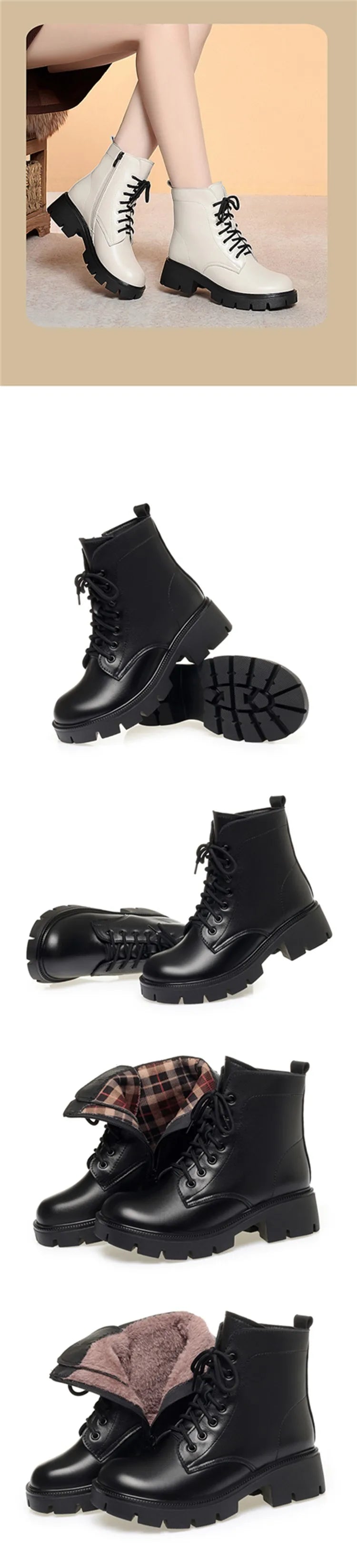 Schwarze Winterstiefel mit Schnürung und Profilsohle, mit Fellbesatz