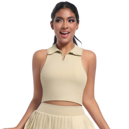 Damen Sporttop ohne Ärmel in Hellbeige, kurzer Schnitt mit kurzem Kragen