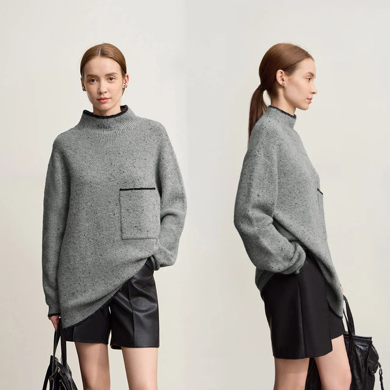 Damen-Rollkragenpullover Wolle dick locker lang Winter
