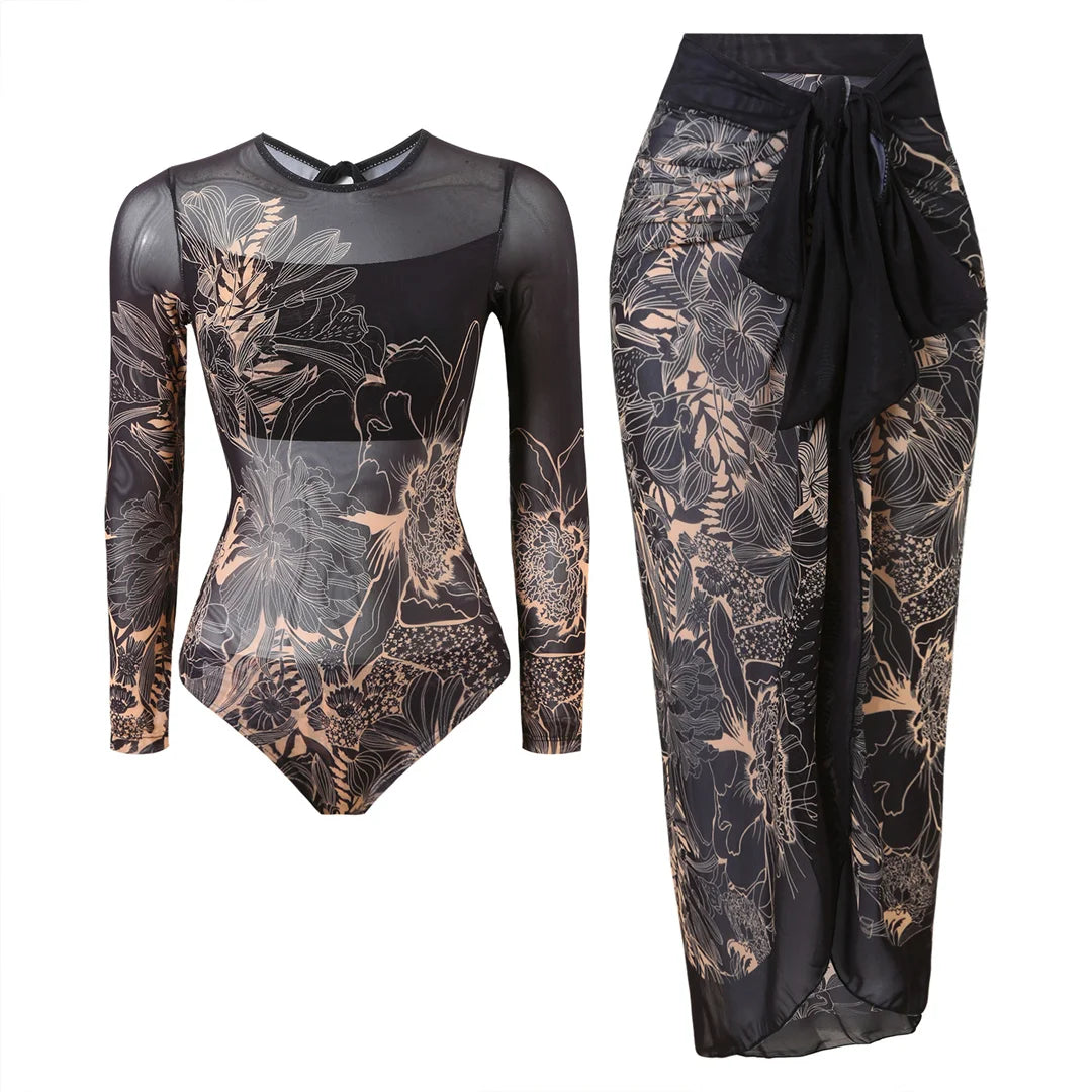 Damen-Badeanzug Blumen Langarm Sarong einteilig gepolstert