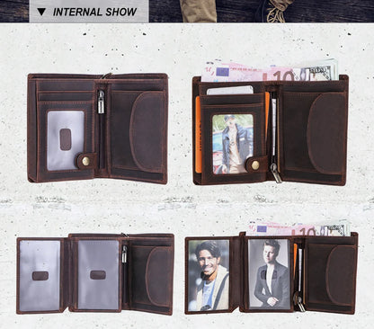 Herren Echtleder Geldbörse Trifold Metallkette RFID Kartenhalter Geldclip