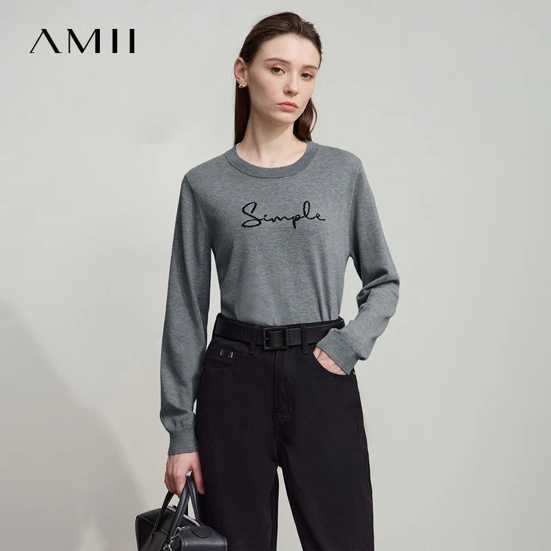 Langarm-T-Shirt für Damen, graumeliert, Rundhalsausschnitt, gerader Schnitt, Schriftzug „Simple“