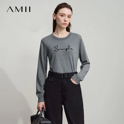 Langarm-T-Shirt für Damen, graumeliert, Rundhalsausschnitt, gerader Schnitt, Schriftzug „Simple“