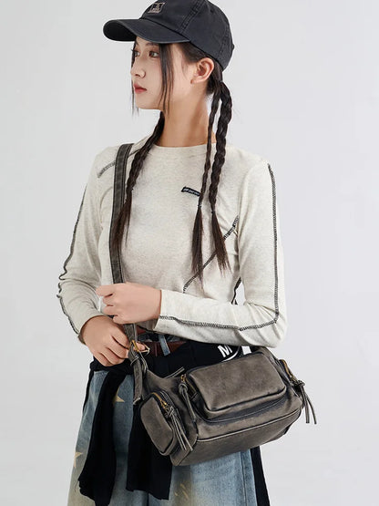 Damen-Hobo-Tasche aus Leder im Vintage-Look mit Mehrfach-Fächern und Tassel-Reißverschluss Alltagsbegleiter