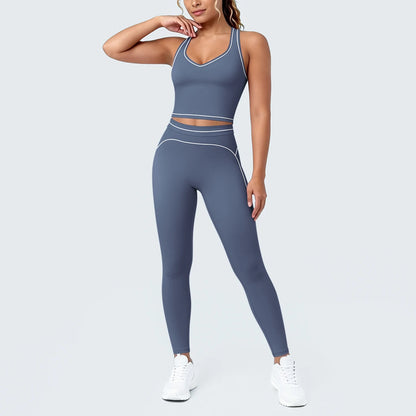 Yoga-Set mit kurzem Sport-Top und High-Waist-Leggings, blau-grau, kontrastierte Nähte