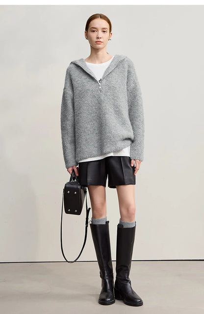 Damen-Kapuzenpullover Wolle Reißverschluss locker dick warm Winter