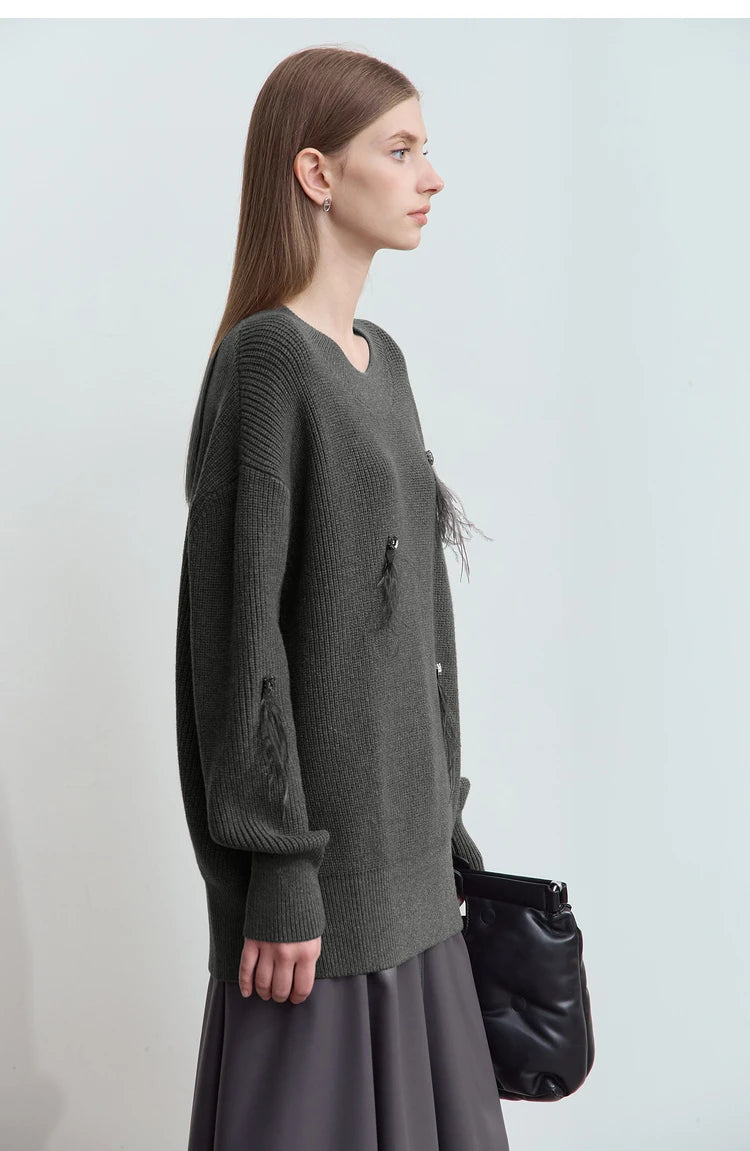 Damen-Rundhalspullover Perlen Strassapplikation locker Winter