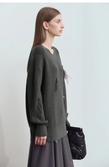 Damen-Rundhalspullover Perlen Strassapplikation locker Winter