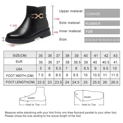 Größen- und Materialangaben für Winterstiefel: Cowhide außen, Rubber Sohle, Fell innen