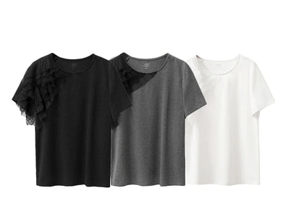 Damen T-Shirt aus mercerisierter Baumwolle im minimalistischen Patchwork-Stil mit Spitze