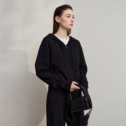 Damen-Strickjacke Kapuze Reißverschluss locker Wolle-Mix Herbst-Winter
