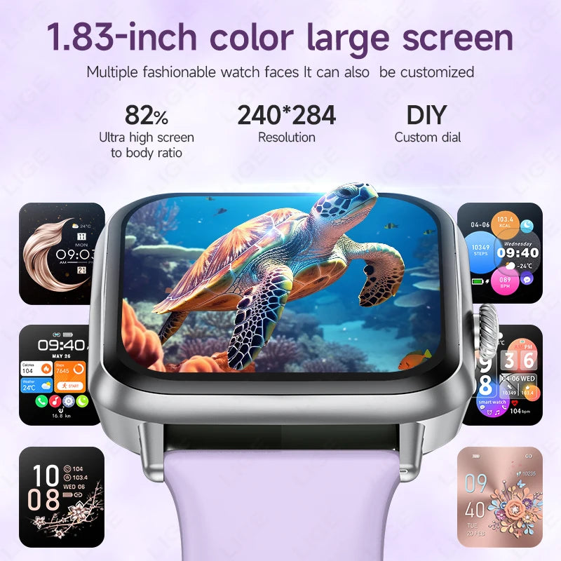 LIGE Neue Herrenuhr 1,83-Zoll SOS Sport Fitness Tracker Herzfrequenz Blutsauerstoff Frauen Smart Watch Wasserdicht für Android IOS