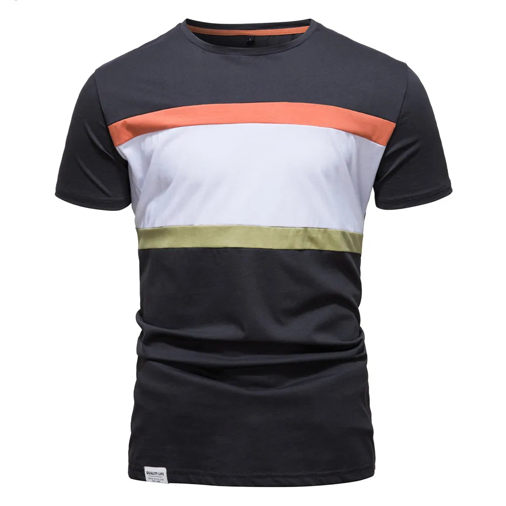 Herren T-Shirts aus Baumwolle mit gestreiftem O-Ausschnitt im Slim Fit