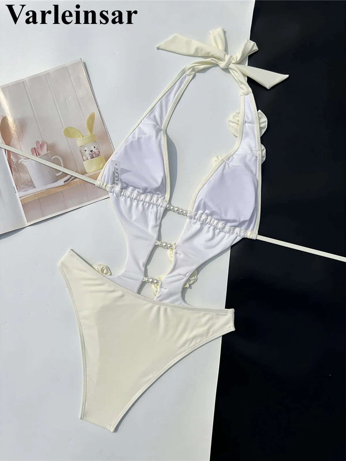Damen Badeanzug 3D-Blumen tiefer V-Ausschnitt hoher Beinausschnitt Monokini rosa-rot