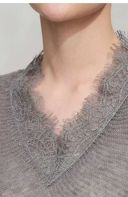 Damen V-Ausschnitt Pullover Mohair Spitze locker mittellang Frühling