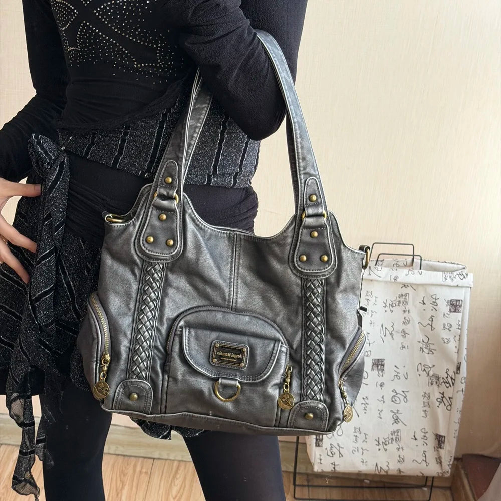 Damen Große Henkeltasche Aus Leder Mit Geflochtenen Details In Retro Waschoptik Groß