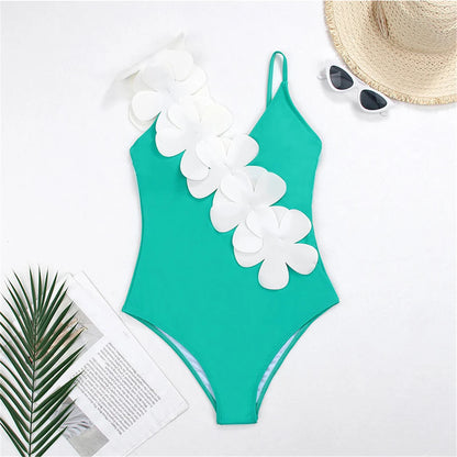 Damen Badeanzug Sarong 3D-Blumen tiefer V-Ausschnitt hoher Beinausschnitt