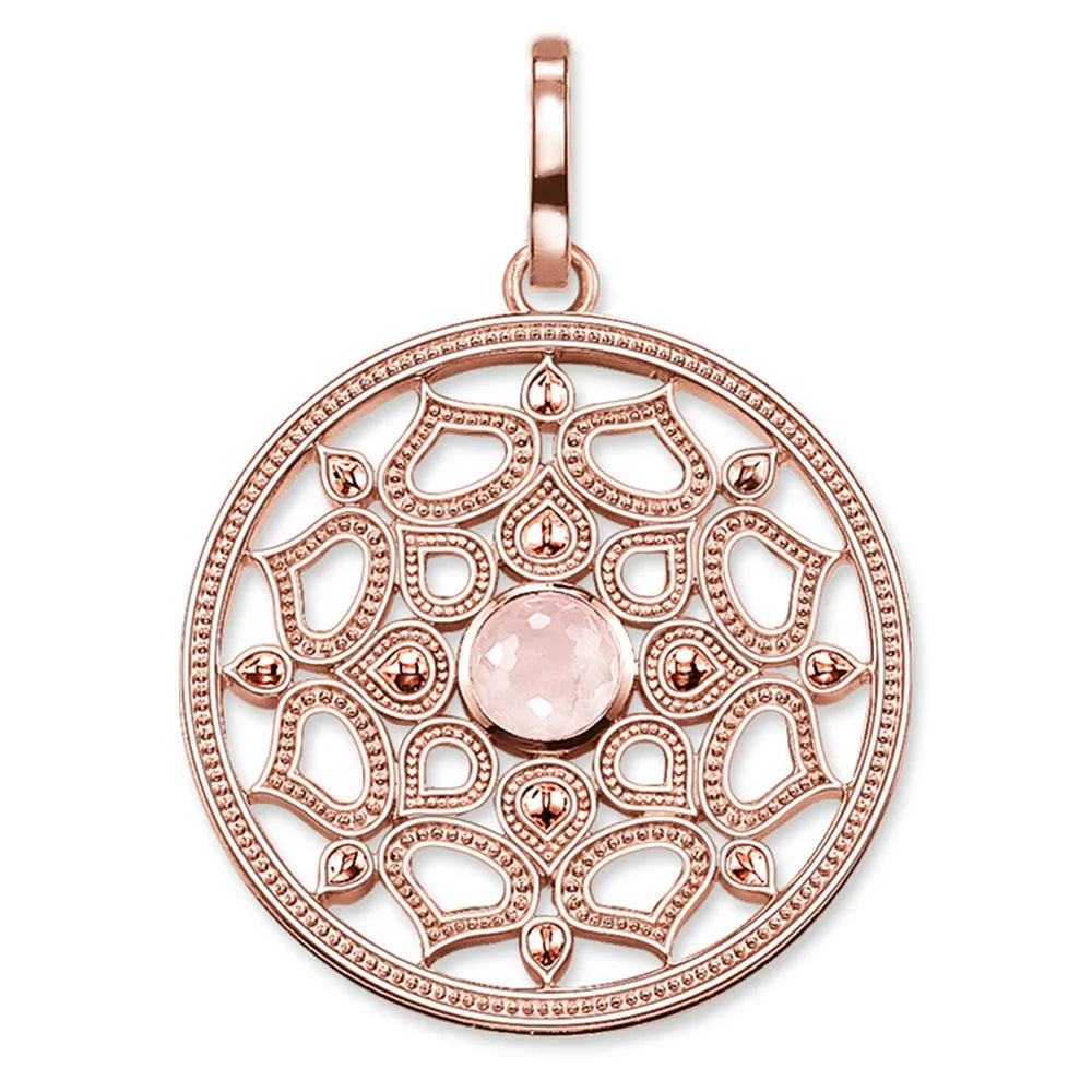 Roségoldfarbener 925-Sterlingsilber Anhänger: runder Lotusrahmen mit Opal-Optik, mit Öse