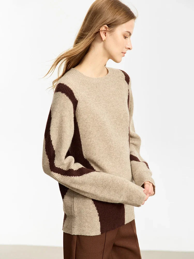 Damen-Rundhalspullover Wolle Yak asymmetrisch Patchwork locker Winter
