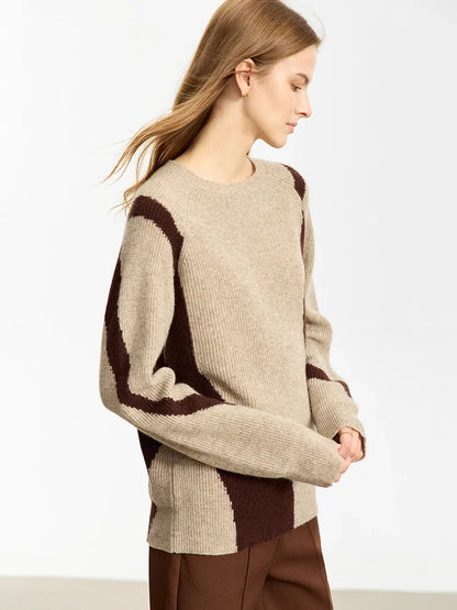 Damen-Rundhalspullover Wolle Yak asymmetrisch Patchwork locker Winter