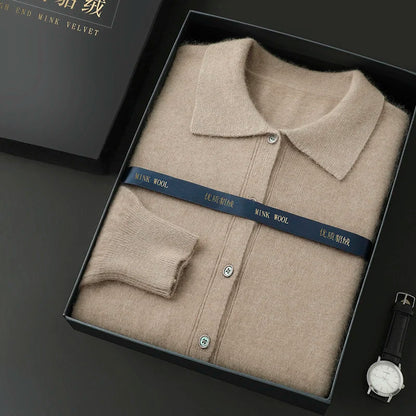 Maillard Polo-Kragen-Pullover für Herren, Herbst/Winter 2024, lässige Business-Männer, 100 % reiner Nerz-Kaschmir-Strickjacke, große Strickjacke