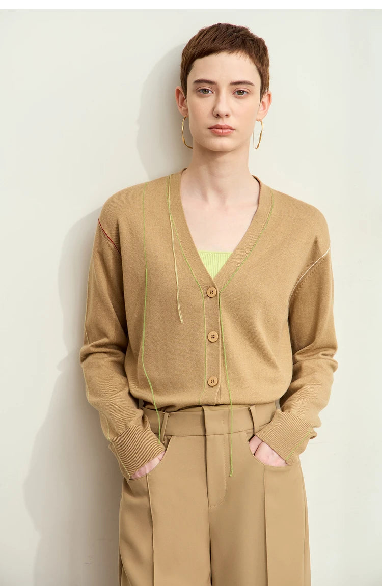 Damen-Strickjacke V-Ausschnitt Patchwork Raglan Wolle-Mix Herbst