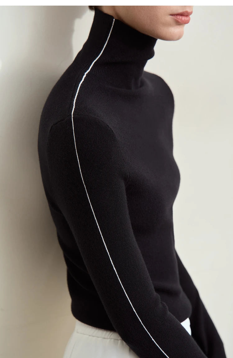 Damen-Rollkragenpullover Farbkontrast Slim Fit Langarm Frühling