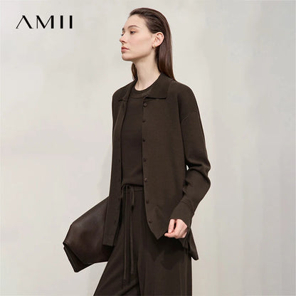 Damen-Strickjacke lang Seide-Wolle Umlegekragen locker Herbst