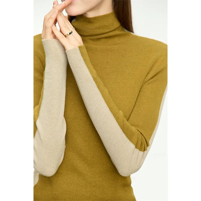 Damen-Rollkragenpullover Wolle-Mix Patchwork schlank Winter