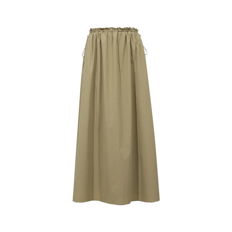 Khakifarbener Damen-Midirock mit elastischem Taillenbund, weite Form