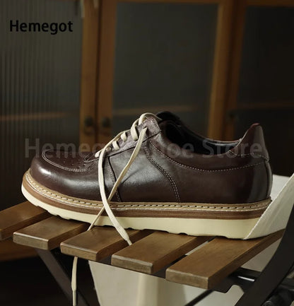 Round Toe Thick Soled Board Shoes Retro Genuine Leather Wear-Resistant Breathable Solid Color Casual Shoes Handmade Men's Shoes