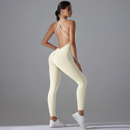 Elfenbeinfarbener Yoga-Bodysuit mit Racerback, rückenfrei und dünnen Trägern