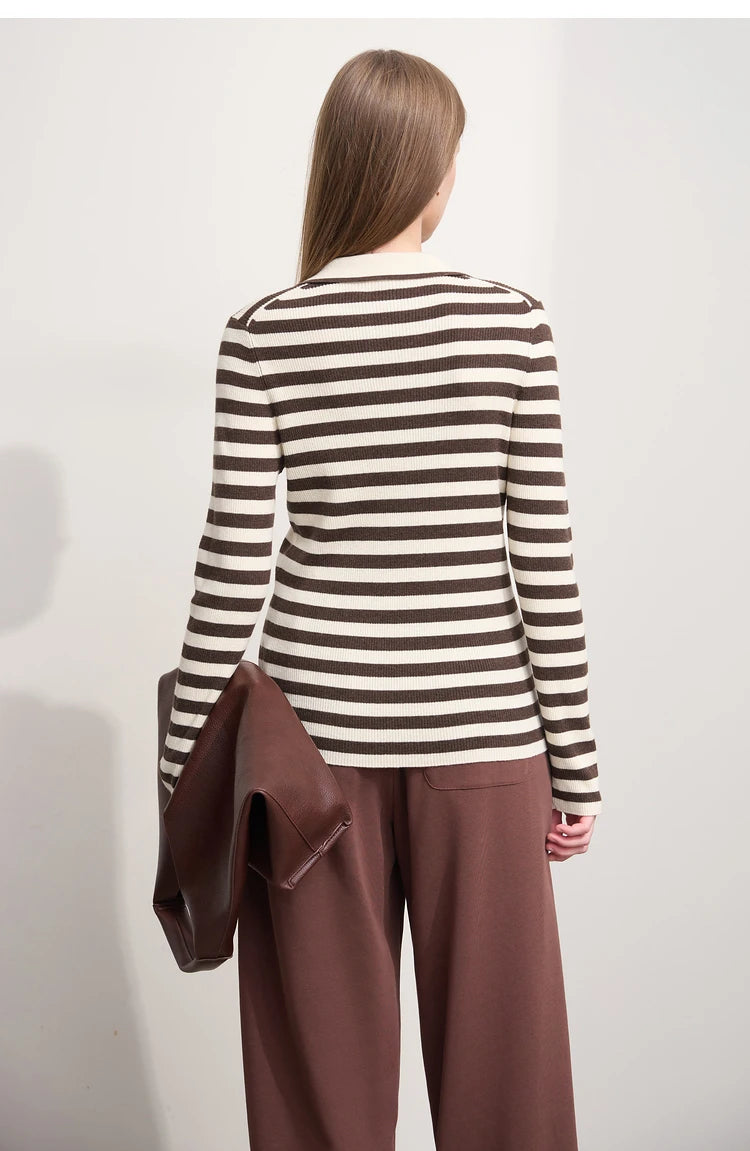 Damen V-Ausschnitt Pullover Streifen Stickerei Polo Kontrastfarben Herbst