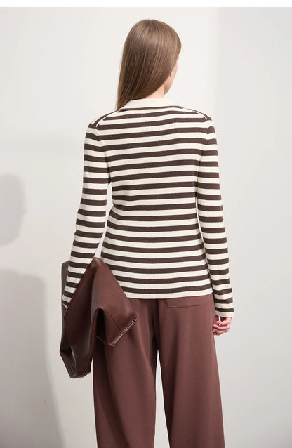 Damen V-Ausschnitt Pullover Streifen Stickerei Polo Kontrastfarben Herbst