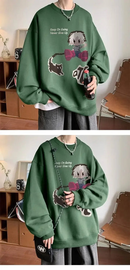 Japanischer Vintage-Pullover mit Fleece, Rundhalsausschnitt und Print – Lässiger Langarm-Hoodie für Herren im Winter.