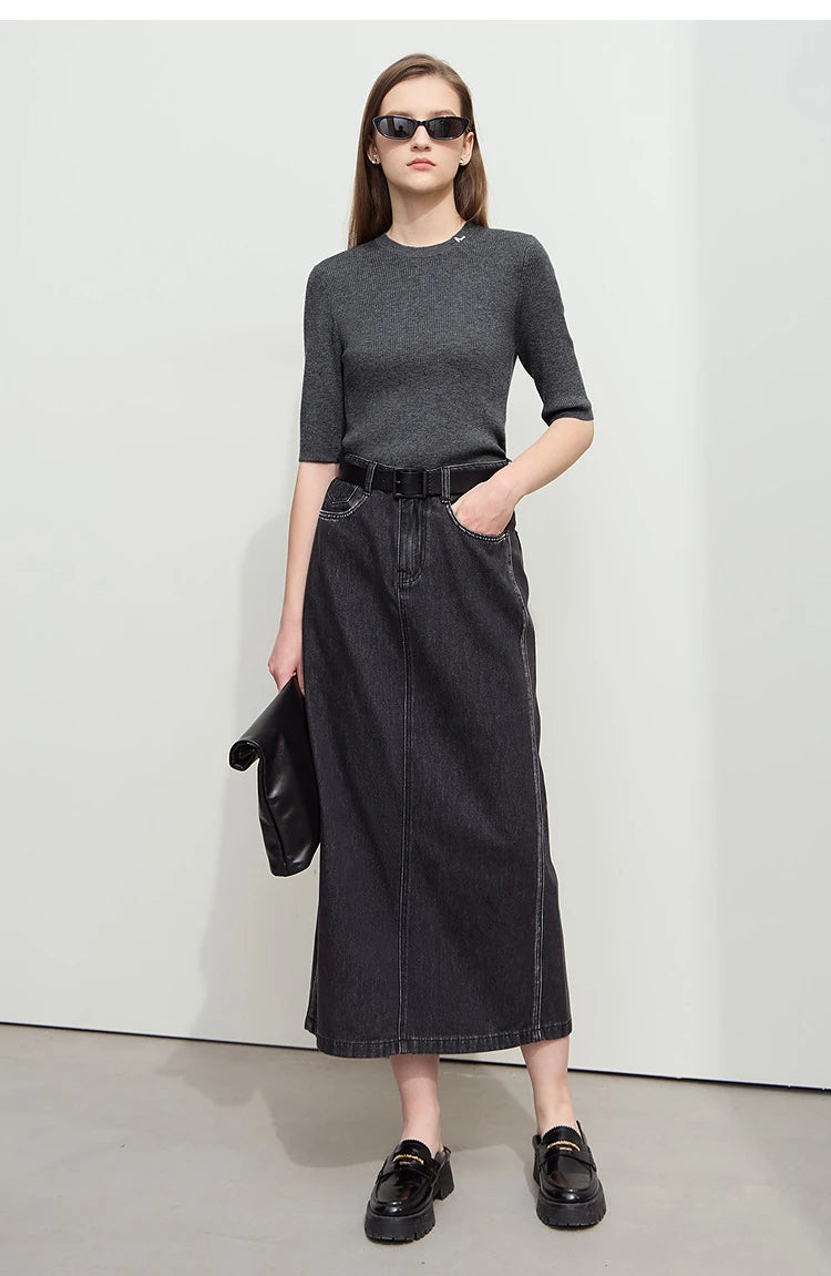 Damen-Strickpullover, dunkelgrau meliert, O-Ausschnitt, 3/4-Ärmel