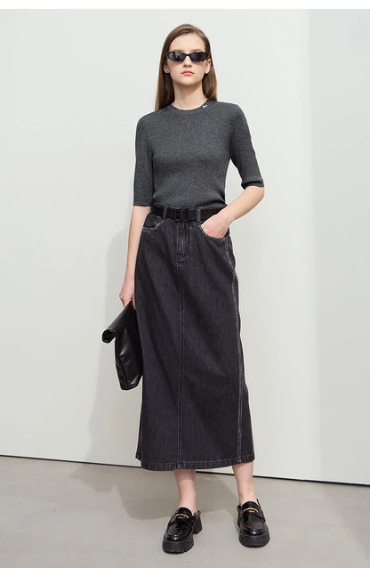 Damen-Strickpullover, dunkelgrau meliert, O-Ausschnitt, 3/4-Ärmel