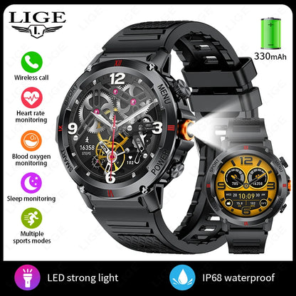 LIGE 2025 Neue Outdoor Smartwatch LED Taschenlampe Männer IP68 Wasserdichte Bluetooth Anruf Sport Fitness Track Smart Uhr Für Xiaomi