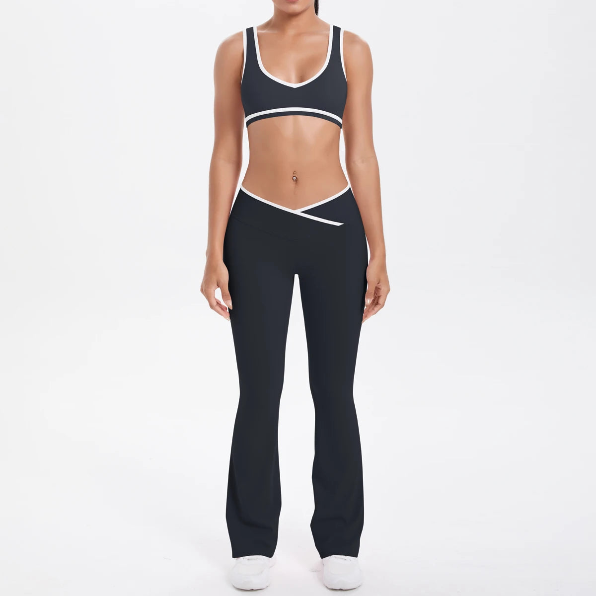 Yoga-Set mit Sport-BH und Leggings, hoher Bund, schwarz mit hellen Kontrastborten