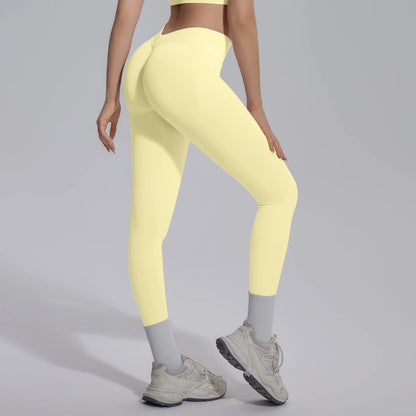 Nahtlose Yoga-Leggings Damen hellgelb, hoher Bund, enges Bein