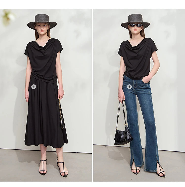 Damen T-Shirt aus Modal-Baumwolle mit kurzen Rotator-Ärmeln und Swing-Neck