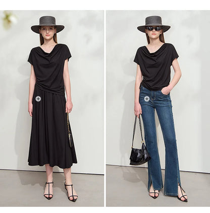 Damen T-Shirt aus Modal-Baumwolle mit kurzen Rotator-Ärmeln und Swing-Neck