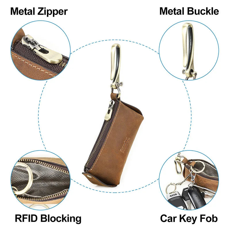 Leder-Schlüssel-Etui mit Metall-Reißverschluss, Metall-Buckle und Schlüsselring