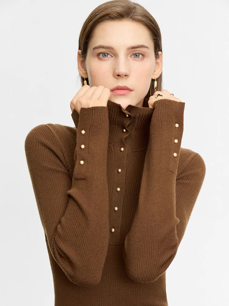 Damen-Strickjacke Rollkragen Knopfleiste Slim halboffene Front Herbst