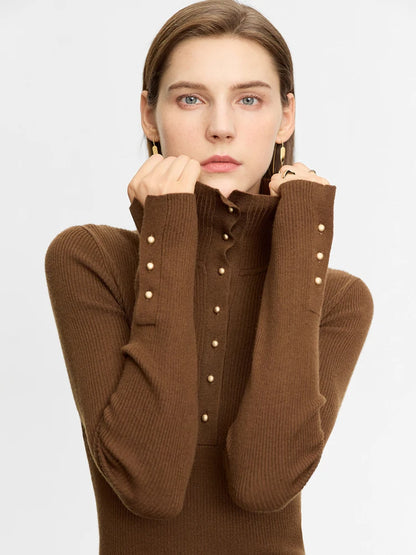 Damen-Strickjacke Rollkragen Knopfleiste Slim halboffene Front Herbst
