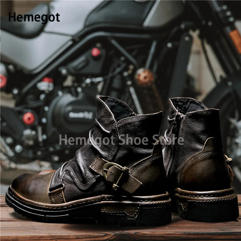 Herren-Motorradstiefel mit Schnallen, schwarzes Leder, hoher Schaft, Profilsohle